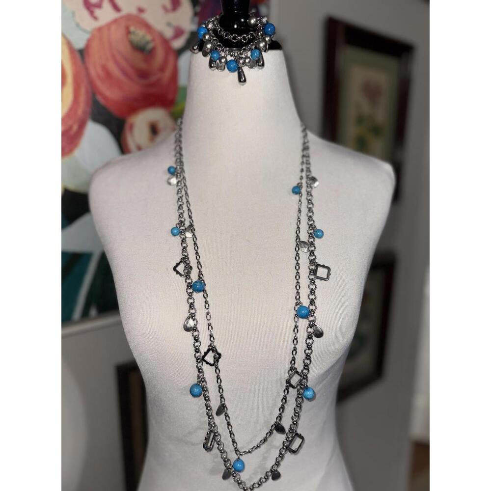 WHBM Long Silver Chain Necklace & Bracelet and Geometric Charms